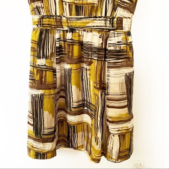 Halogen Yellow Browns Printed Silk Spaghetti Strap Pleated Pockets Dress - Picture 2 of 6